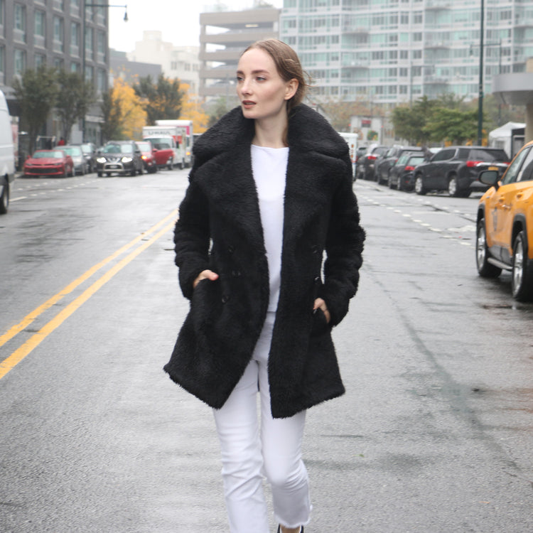 Teddy Vegan Double Breasted Short Coat in Black