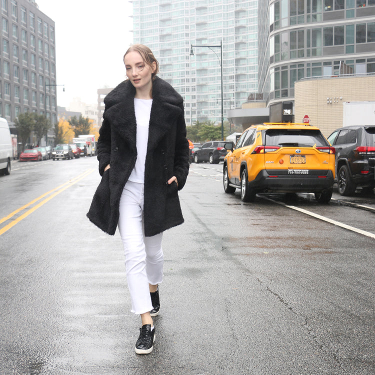 Teddy Vegan Double Breasted Short Coat in Black