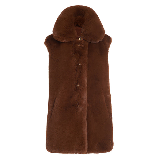 Rex Faux Fur Vest with Gold Buttons in Brown