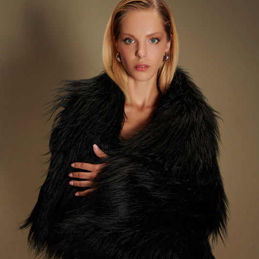 Sugar Vegan Faux Fur Coat in Black