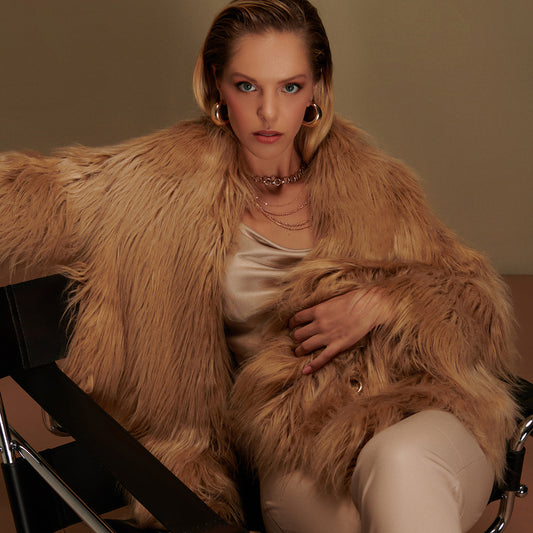 Sugar Vegan Faux Fur Coat in Camel