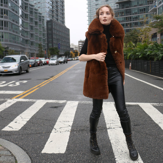 Rex Faux Fur Vest with Gold Buttons in Brown