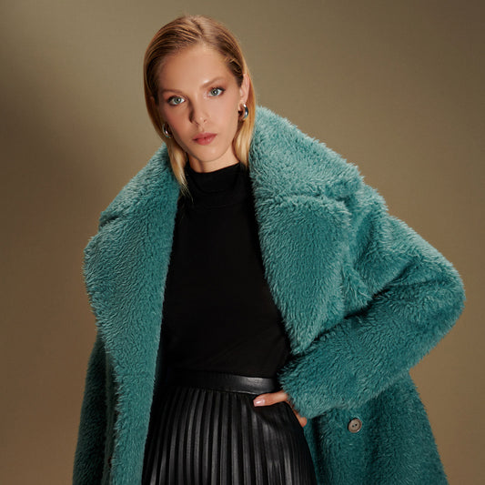 Teddy Vegan Double Breasted Short Coat in Teal