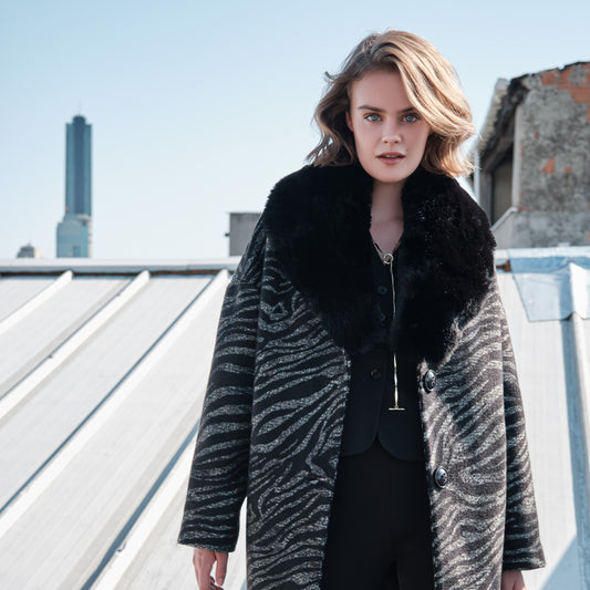 Sarah Animal Print Vegan Coat in Black
