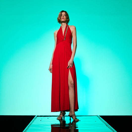Golden Chain Party Maxi Dress in Red