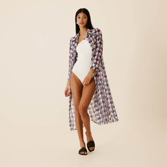 Linda Long Shirt Dress with Tulip Design in White & Blue