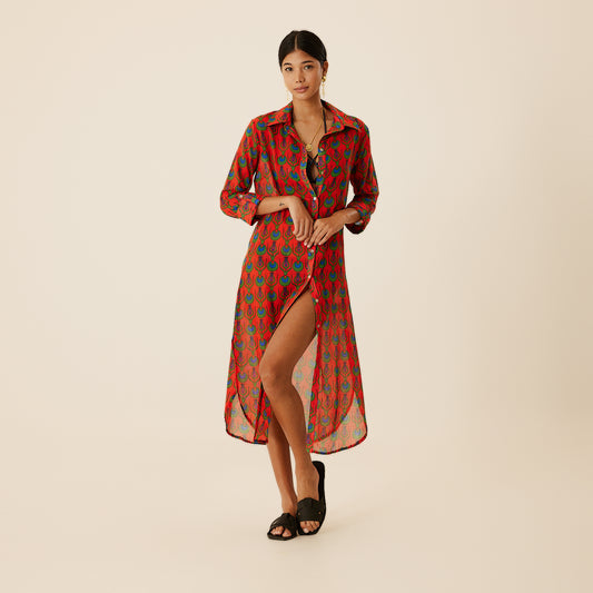 Linda Long Shirt Dress with Tulip Design in Coral Red