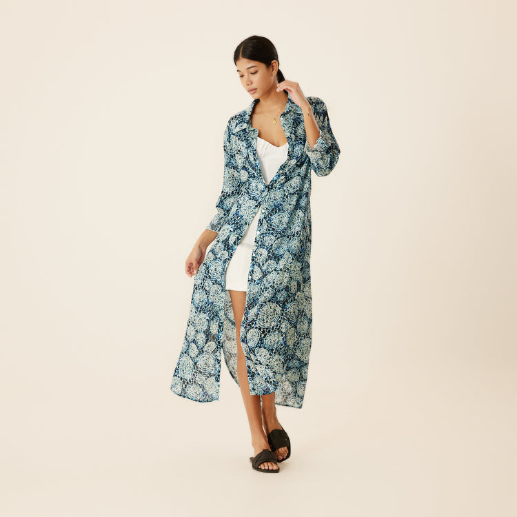 Ocean Button Down Long Shirt Dress In Blue