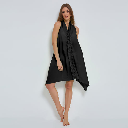 Cozy Organic Cotton Dress with Ruffles in Black