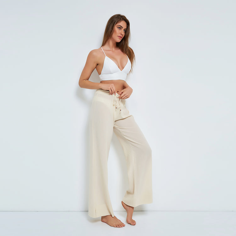 Ecru Pull-on Trousers in Crinkled Organic Cotton