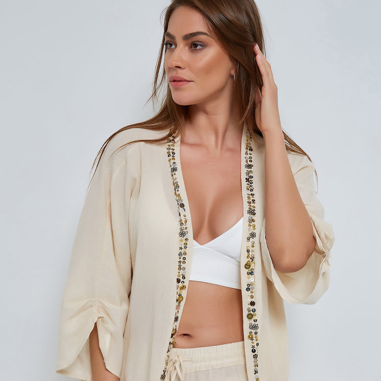 Ecru Kaftan in Crinkled Organic Cotton