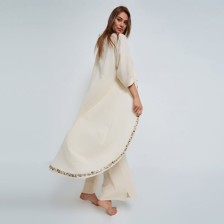 Ecru Kaftan in Crinkled Organic Cotton