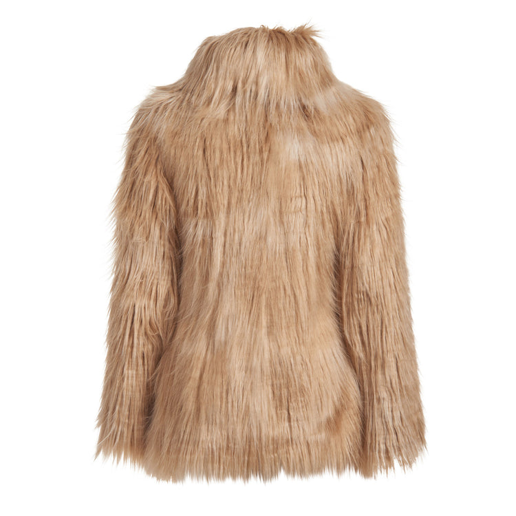 Fluffy Faux Fur Vegan Coat in Camel