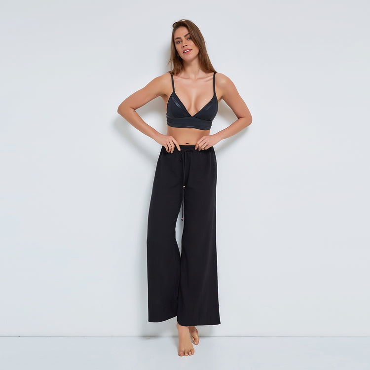 Black Pull-on Trousers in Crinkled Organic Cotton
