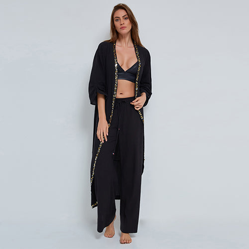 Black Pull-on Trousers in Crinkled Organic Cotton