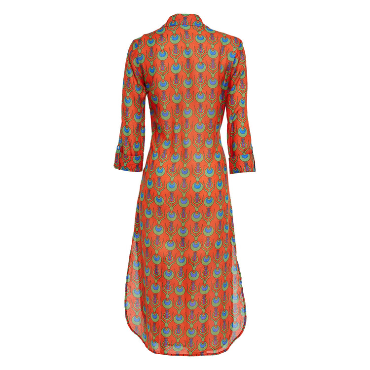 Linda Long Shirt Dress with Tulip Design in Coral Red