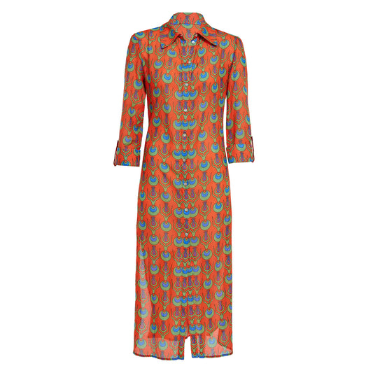 Linda Long Shirt Dress with Tulip Design in Coral Red