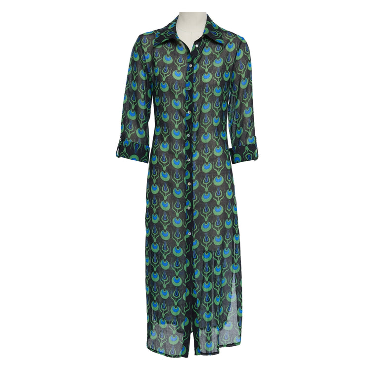 Linda Long Shirt Dress with Tulip Design in Black