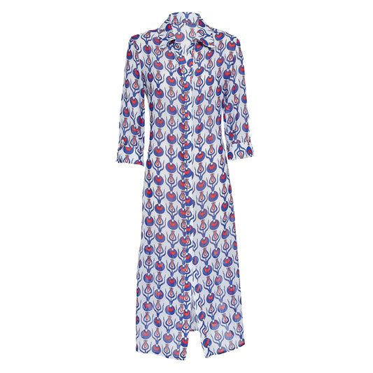 Linda Long Shirt Dress with Tulip Design in White & Blue