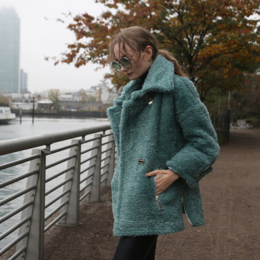 Army Teddy Vegan Short Coat in Teal