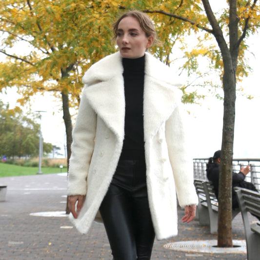 Teddy Vegan Double Breasted Short Coat in Ecru